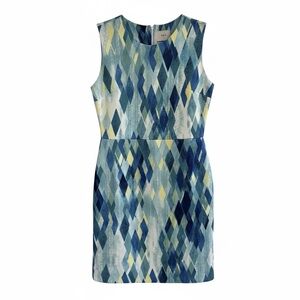 ECI New York Sleeveless Sheath Dress Size 8 Teal Blue Geometric Stretch Zip